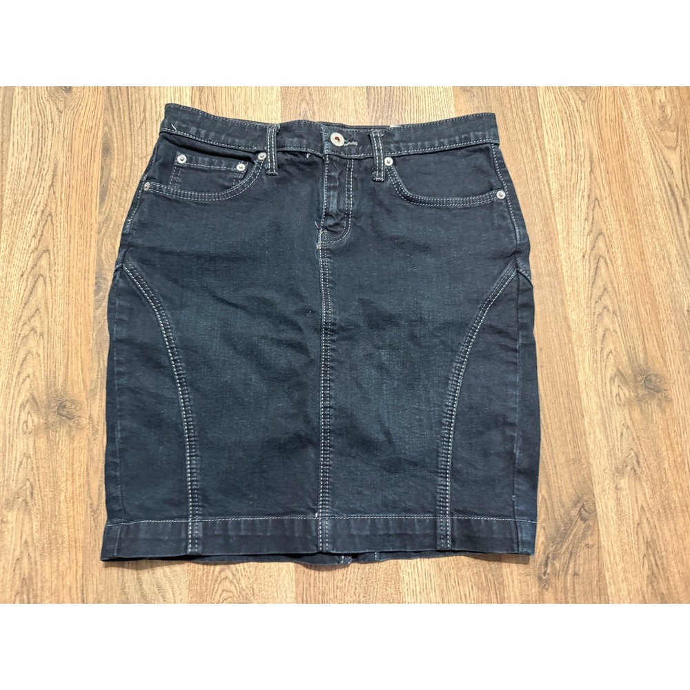 X2 Denim Skirt Womens Size 4 Black Mini Contrast Stitch Stretch Excellent